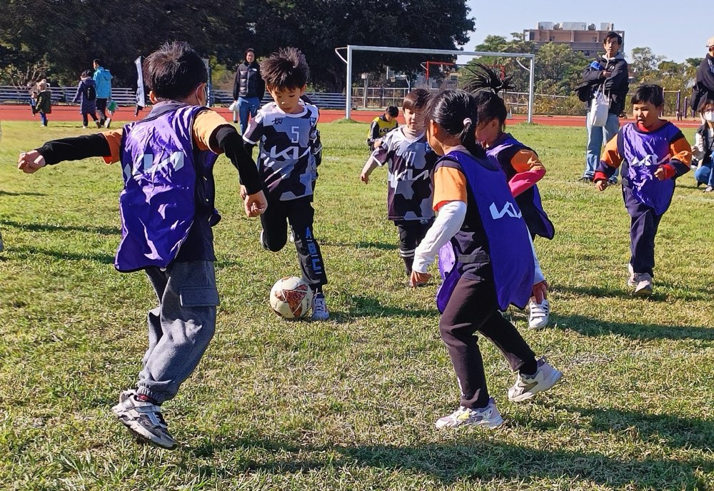 學生於草地上牽手圍圈，進行團體活動